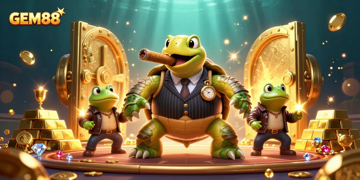 Experience GEM88's thrilling casino vibes with a cartoon turtle and bullfrogs in a vibrant, gold-filled scene.