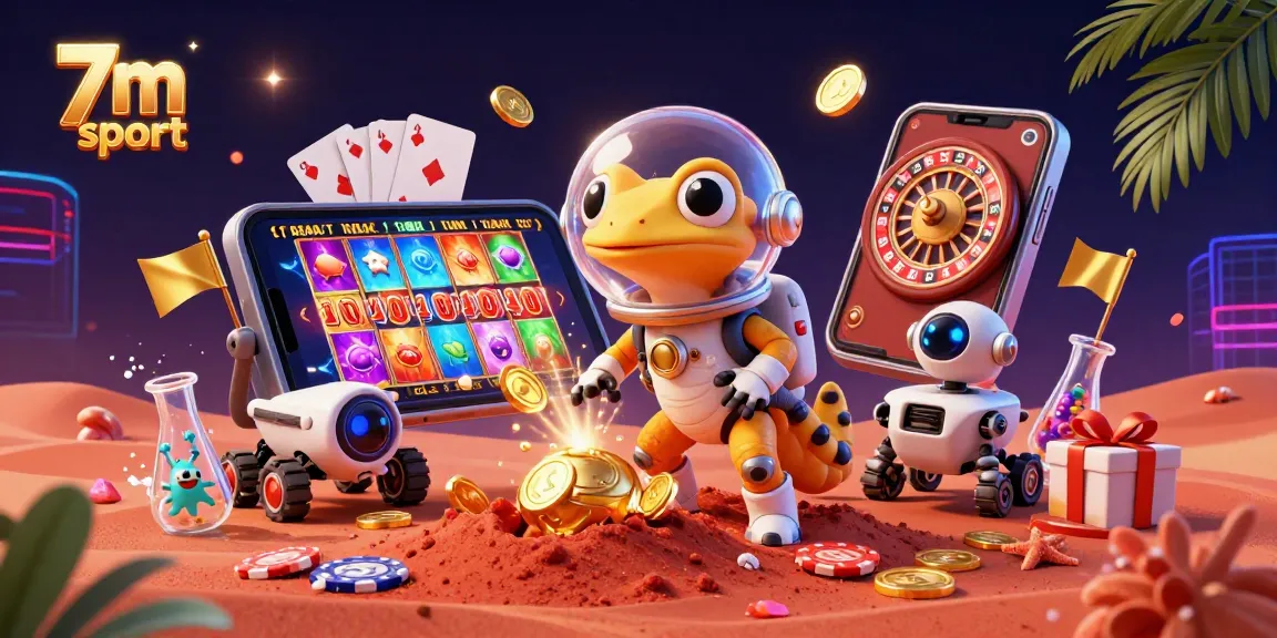 Engage in thrilling 7m sport action with a Martian gecko and vibrant casino elements.