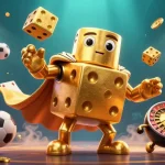 Say88 dice golem juggles golden dice amidst sports elements, creating a vibrant gambling scene.