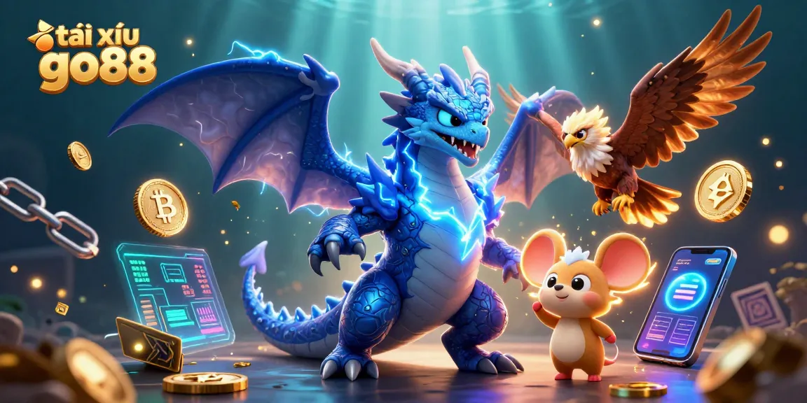Engage with tài xỉu go88 gameplay featuring a dynamic 3D scene of dragons, hawks, and crypto coins.