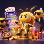 MUBET showcases an engaging scene with a bumblebee mob boss amidst vibrant gambling elements, emphasizing excitement in casino gameplay.