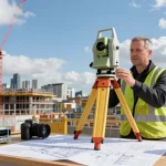Topographical Land Surveys London conducted by a professional surveyor using advanced measuring equipment at a construction site.