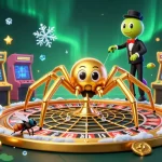 Experience thrilling bets at rikvip with a golden spider spinning a roulette web in a vibrant casino scene.