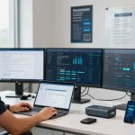 Cyber Essentials managed service in a professional workspace with compliance dashboards and security posters