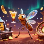 Win big at net88 with a lively casino mascot, DJ trilobite, and golden roulette wheel illustration.