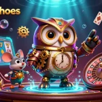 Engage with chockersshoes in this vibrant casino-themed illustration featuring a steampunk owl and slot machines.
