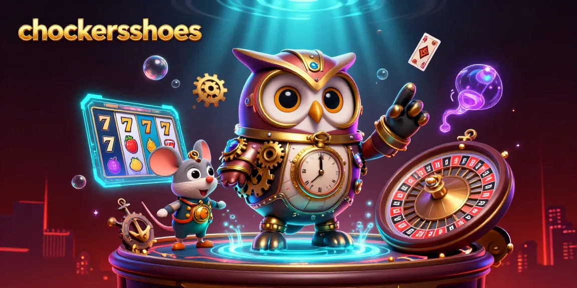 Engage with chockersshoes in this vibrant casino-themed illustration featuring a steampunk owl and slot machines.