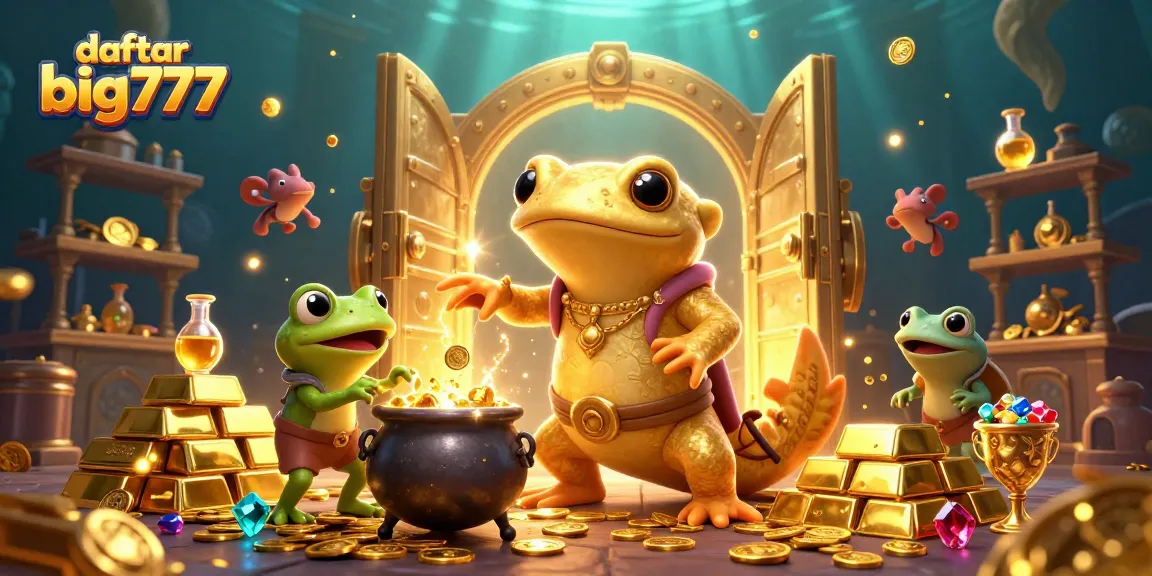 Engage with daftar big777 as a giant golden salamander transforms base metals into treasure in this vibrant casino-themed illustration.
