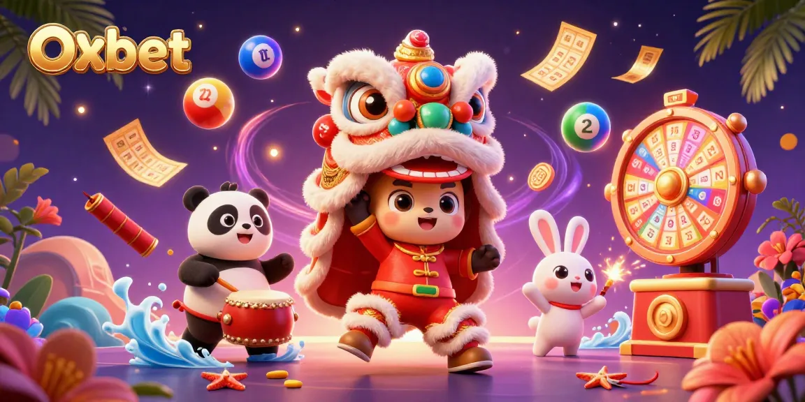 Engage in thrilling winning moments with Oxbet's colorful lottery-themed illustration featuring festive characters.
