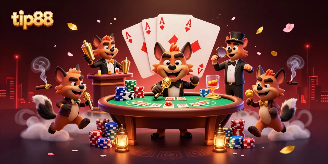 Join the fun at tip88's comedy casino with hyenas mixing drinks and telling jokes.