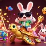 Enjoy the vibrant Five88 casino scene with a lucky rabbit, golden turtle, and bursting slot machine.