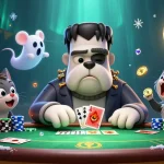 DA88 themed poker scene featuring a cartoon bulldog, ghost mouse, and werewolf kitten in action.