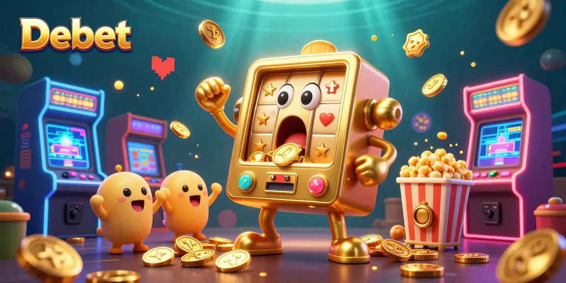 Engage with the thrilling Debet slot machine experience, showcasing jackpots and gold coins.