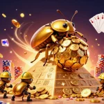 Experience thrilling betting action at 1gom with golden coins cascading and a vibrant casino scene.
