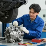 Local auto repair expert assessing a broken car air conditioning compressor in a trusted nearby business, providing community services.