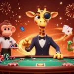 Engage in thrilling gameplay with bb44, as a high-roller giraffe enjoys poker surrounded by casino elements.