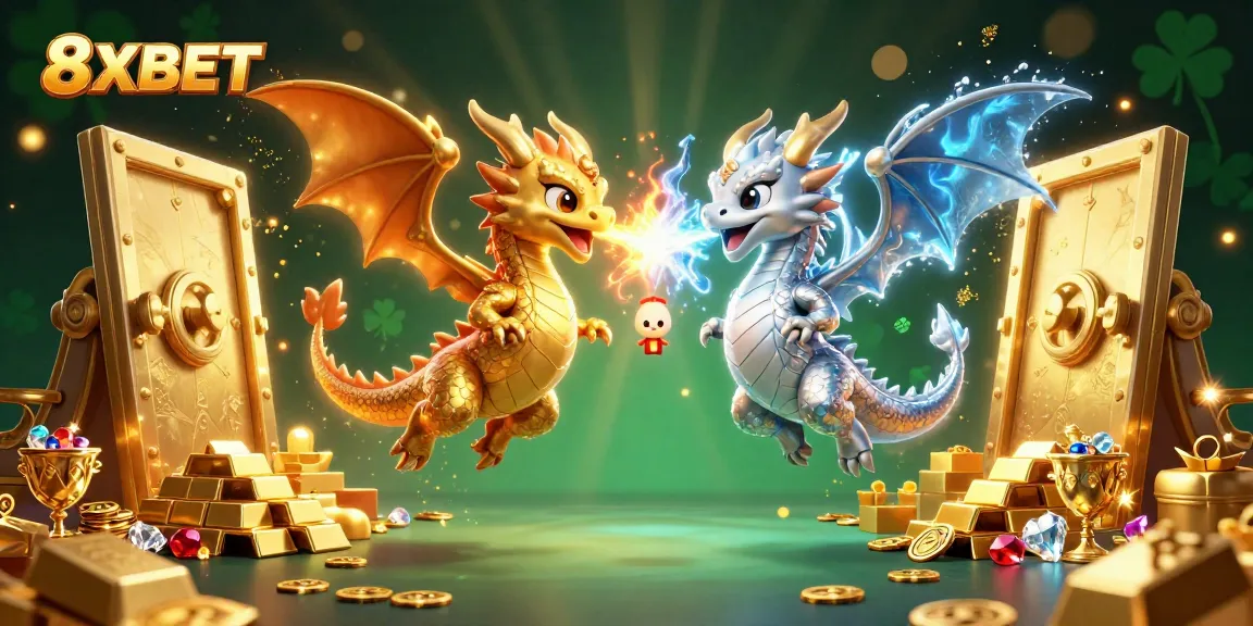 Engage with 8XBET's vibrant casino illustration showcasing dragons and treasures.