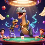 Win big at go88 with a vibrant scene of a brontosaurus and raptor in a dynamic casino setting.