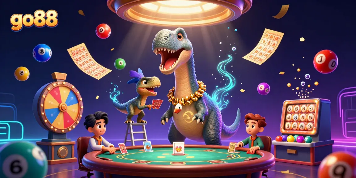 Win big at go88 with a vibrant scene of a brontosaurus and raptor in a dynamic casino setting.