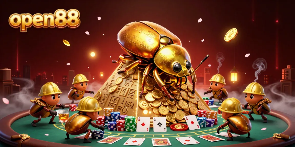Experience excitement with open88 as a golden dung beetle rolls coins in a vibrant casino scene.
