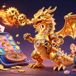 Experience thrilling gameplay with Debet featuring a golden dragon amidst vibrant casino elements, perfect for players.