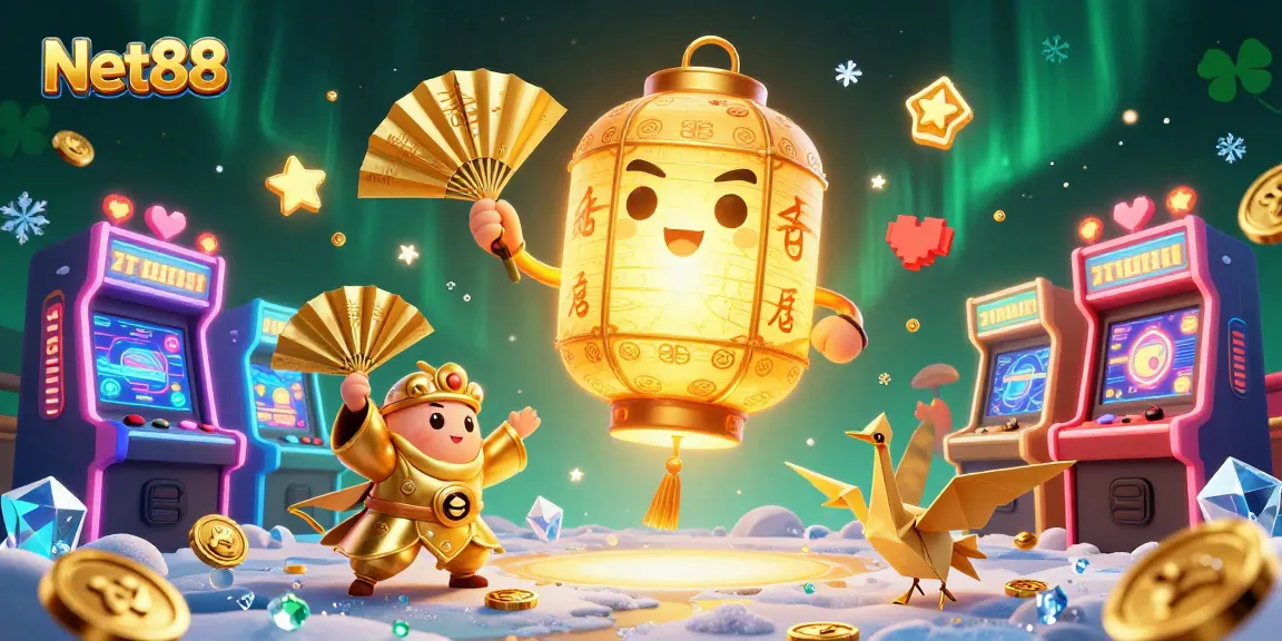 Engage with the vibrant world of Net88 casino, featuring a glowing lantern spirit and arcade machines.