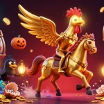 Experience the magic of 9bet in a vibrant casino scene featuring a golden rooster and rich slot elements.