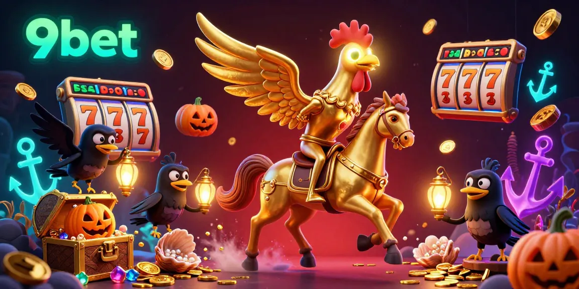 Experience the magic of 9bet in a vibrant casino scene featuring a golden rooster and rich slot elements.
