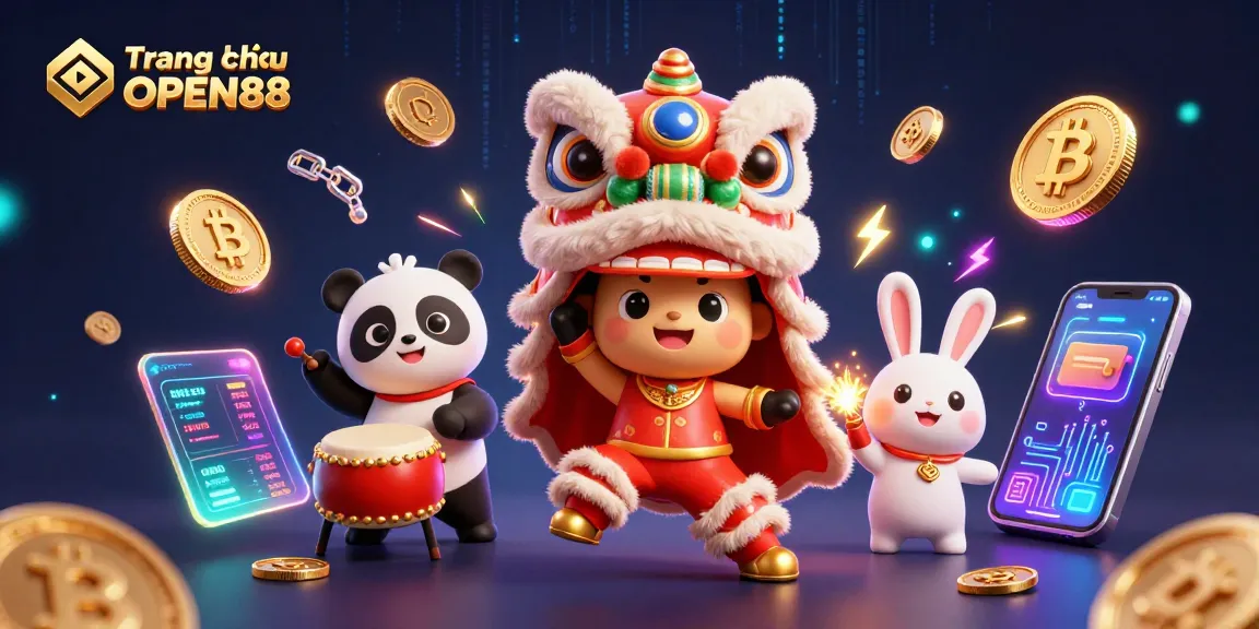 Engaging scene of Trang chủ OPEN88 with lion dance, drumming panda, and dynamic crypto elements.