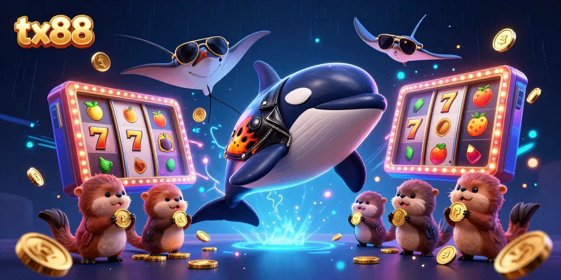 tx88 challenges luck with a lively orca, stingray, and sea otters at a vibrant slot casino scene.