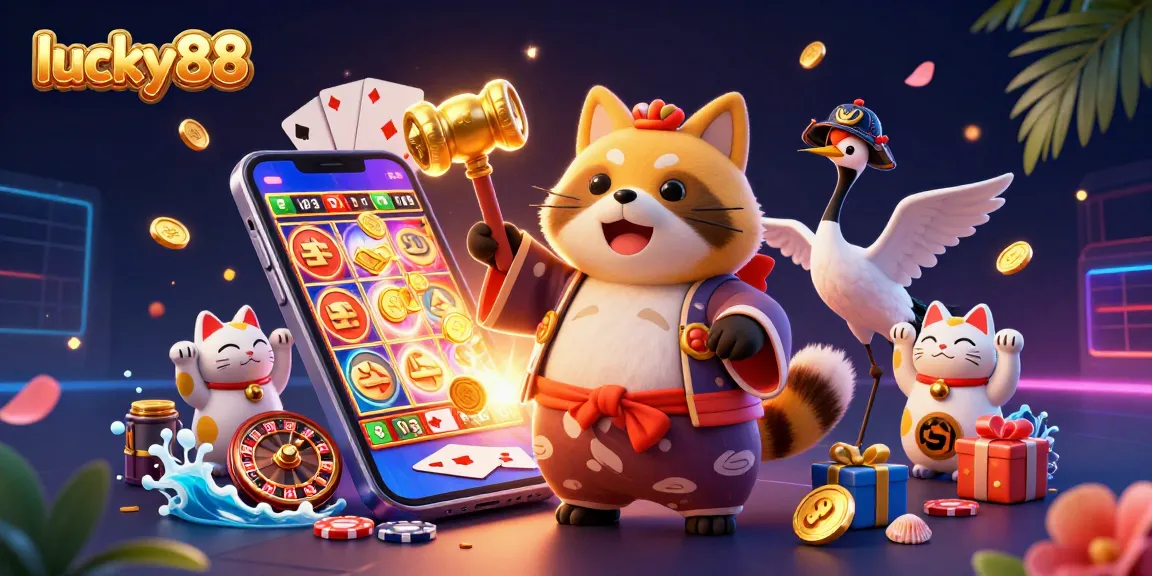 Spin lucky88 slots with cheerful tanuki, crane, and fortune cats in vibrant casino scene.