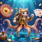 Engage with exciting gameplay at nhacaiuytin66 featuring a kraken and a vintage diving cat in a vibrant underwater casino.