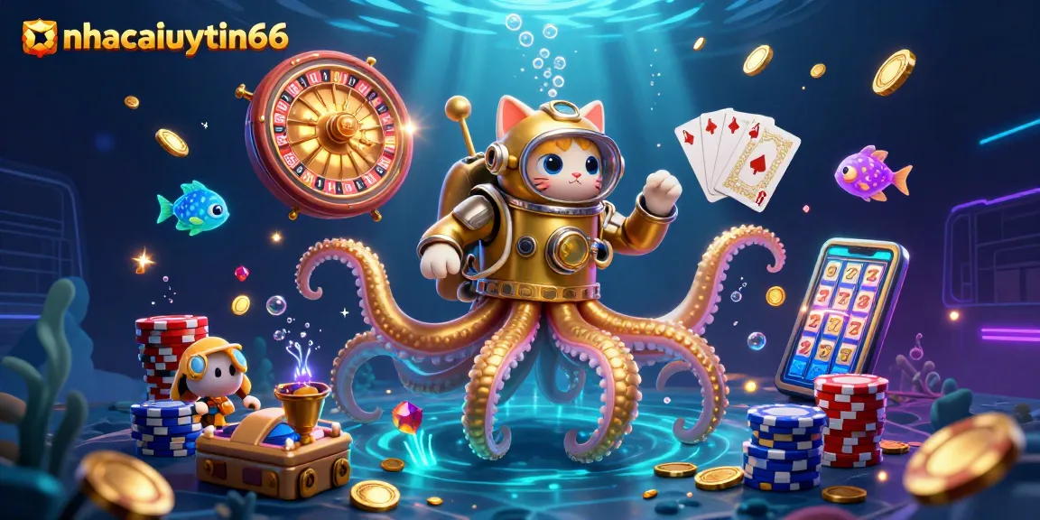 Engage with exciting gameplay at nhacaiuytin66 featuring a kraken and a vintage diving cat in a vibrant underwater casino.