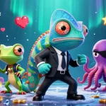 Immerse in gaming action with 79Z featuring a secret agent chameleon, colorful slots, and vibrant casino elements.