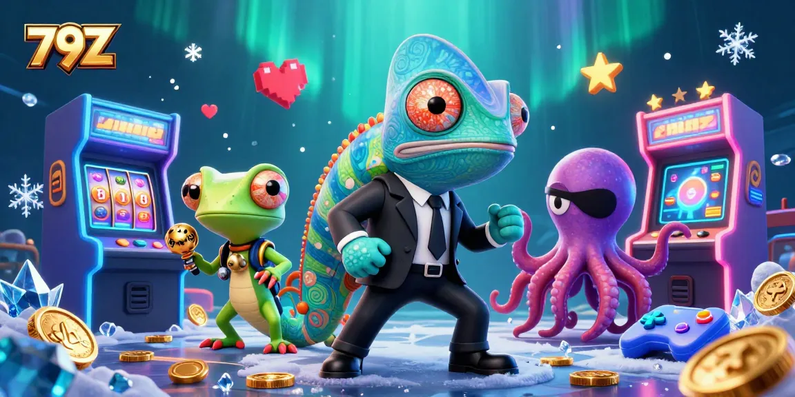 Immerse in gaming action with 79Z featuring a secret agent chameleon, colorful slots, and vibrant casino elements.