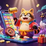 Engage with the thrilling experience of tha bet while seeing the cheerful raccoon and fortune cats celebrating in a vibrant casino scene.