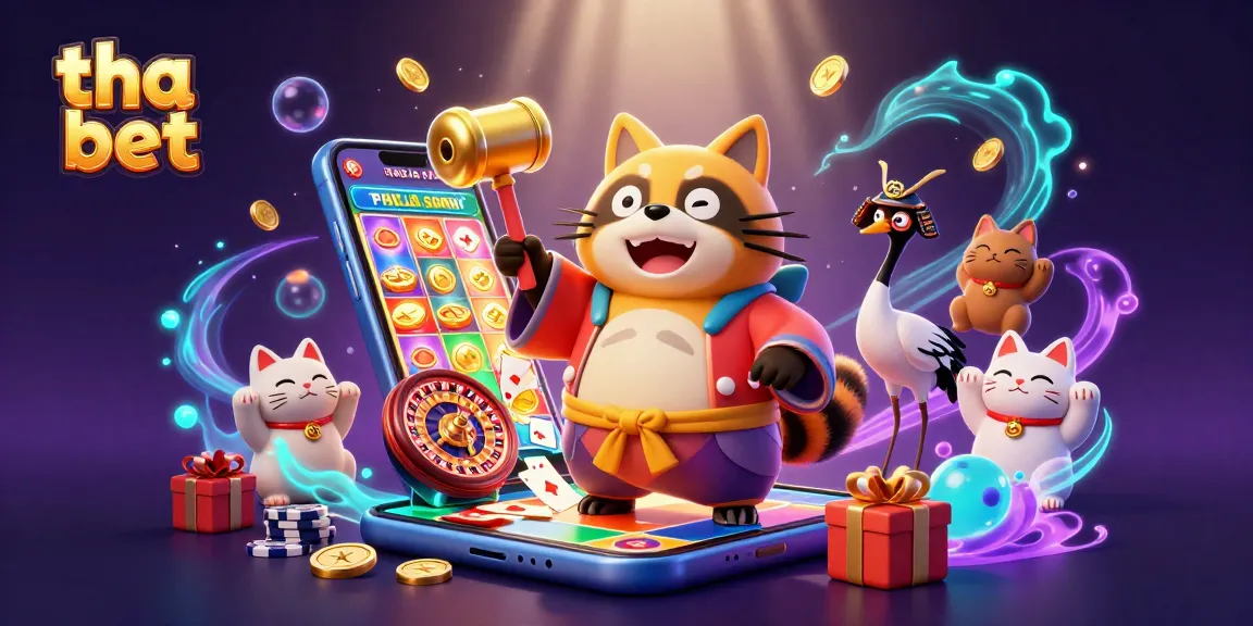 Engage with the thrilling experience of tha bet while seeing the cheerful raccoon and fortune cats celebrating in a vibrant casino scene.