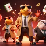 Engage in thrilling gameplay at slot 5rb with raptors in a trench coat entering a VIP casino lounge.