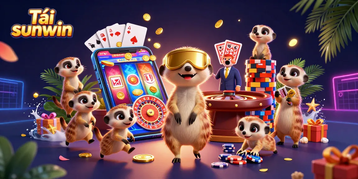 Enhance your gaming experience with Tải sunwin in a lively casino setting, featuring meerkats managing the fun.