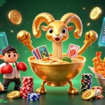 Gamble with go88 at a vibrant casino scene featuring a golden ramen bowl dealer surrounded by crypto elements.