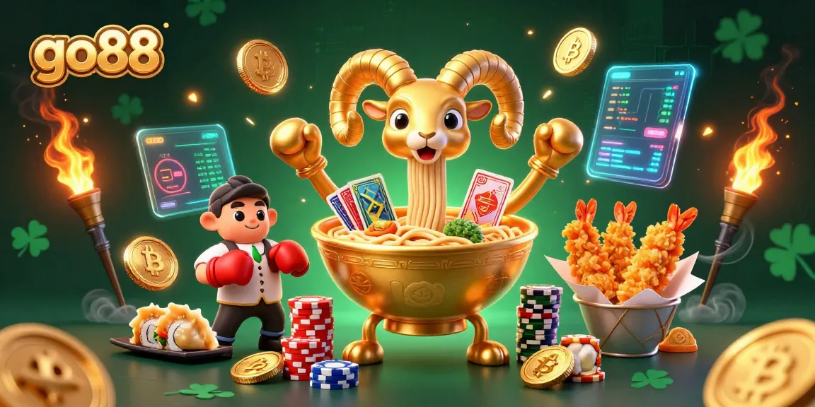 Gamble with go88 at a vibrant casino scene featuring a golden ramen bowl dealer surrounded by crypto elements.