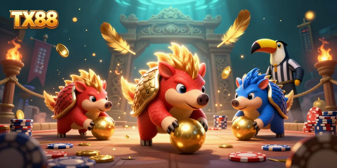 TX88 pangolins compete amid golden poker chips in a vibrant casino scene