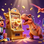Dhani win offers thrilling gameplay with a dinosaur-themed jackpot adventure in a vibrant casino setting.
