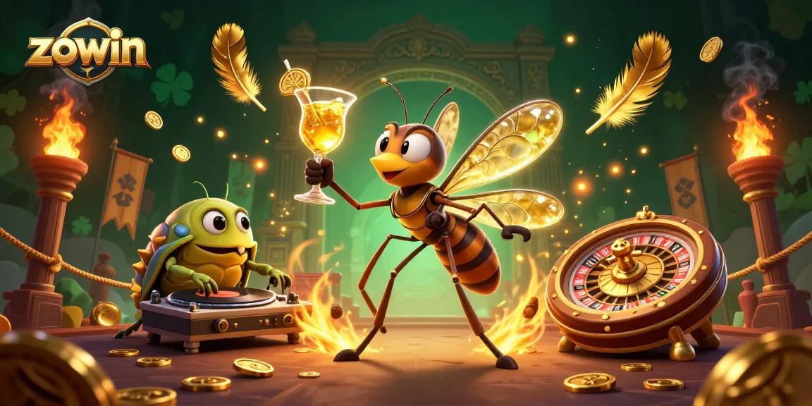 Zowin showcases a dynamic casino scene with vibrant characters, golden roulette wheel, and engaging gaming elements.