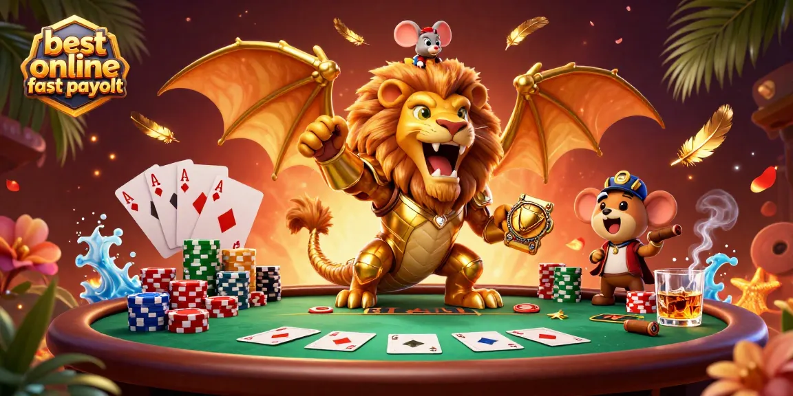 Engage with the best online casino fast payout featuring a triumphant chimera and poker scene.