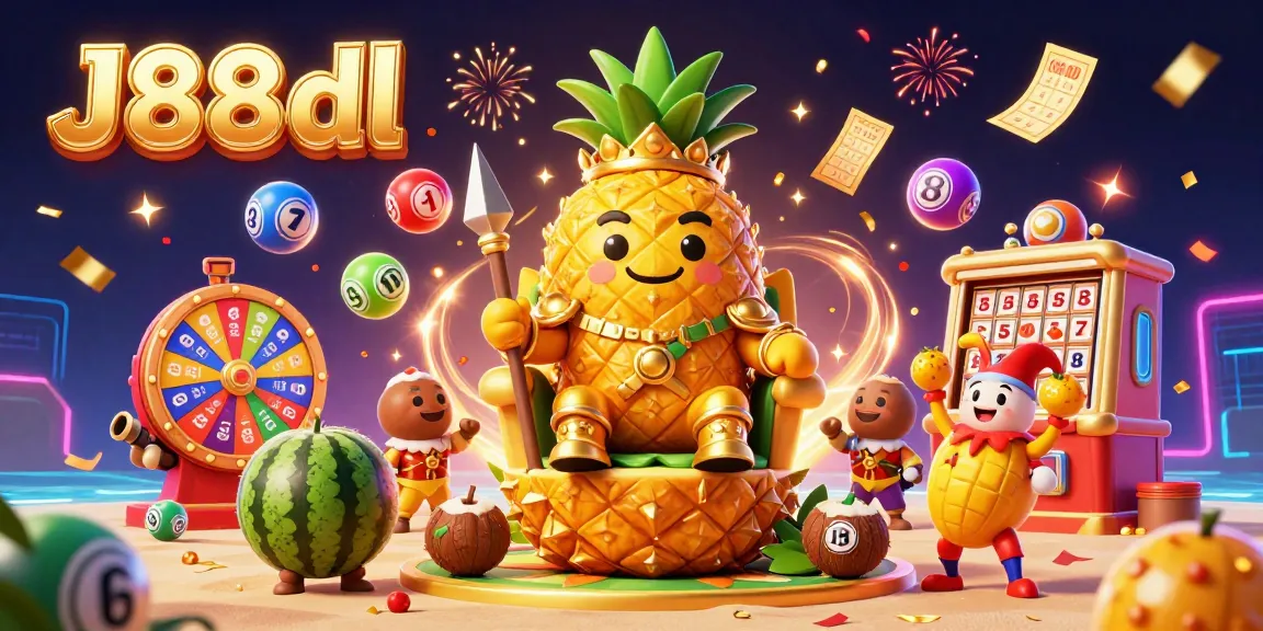 Experience the vibrant J88dl casino adventure with a golden pineapple king and exciting lottery action.