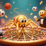 Engaging scene of a golden spider spinning a roulette wheel web for 123b, showcasing slot elements and excitement.