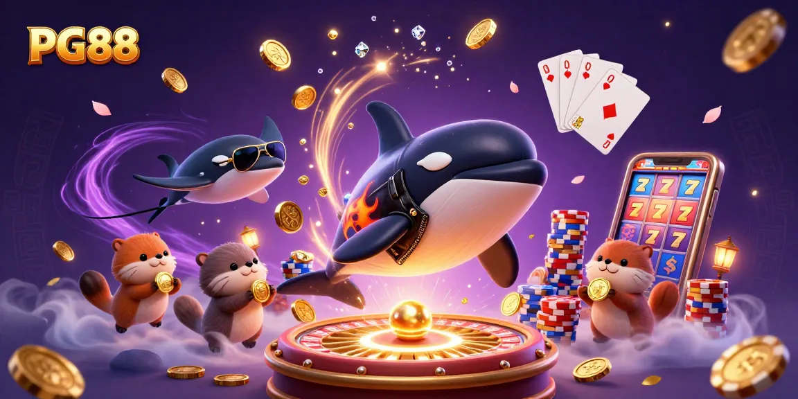 Experience PG88's exhilarating casino adventure with an orca, stingray, and otters surrounded by dynamic gambling elements.