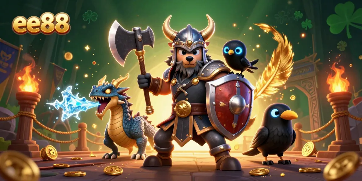 Engage with the thrill at ee88 featuring a Viking warrior, ice-breathing dragon, and vibrant casino elements.