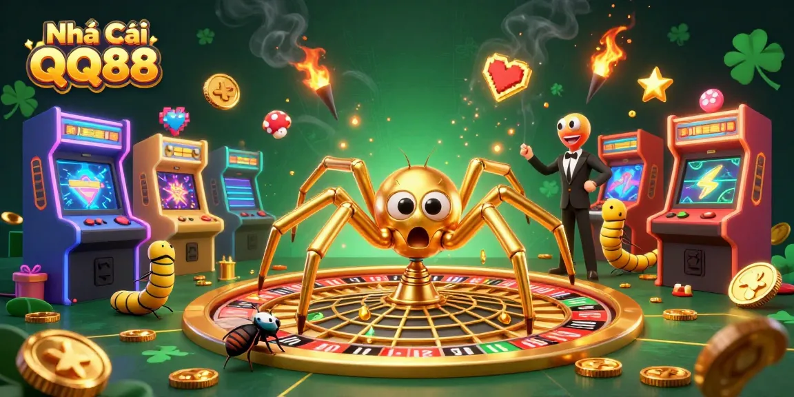 Engage with the vibrant atmosphere of Nhà Cái QQ88, where a golden spider spins a roulette web attracting bets.